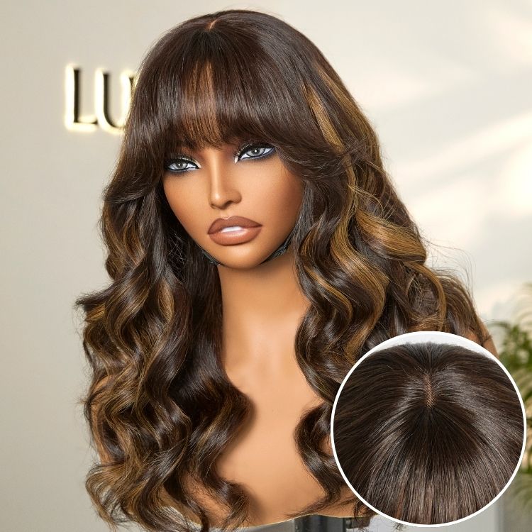 True Scalp Blonde Highlight Loose Wave Glueless Minimalist Lace Wig with Bangs - Image 4