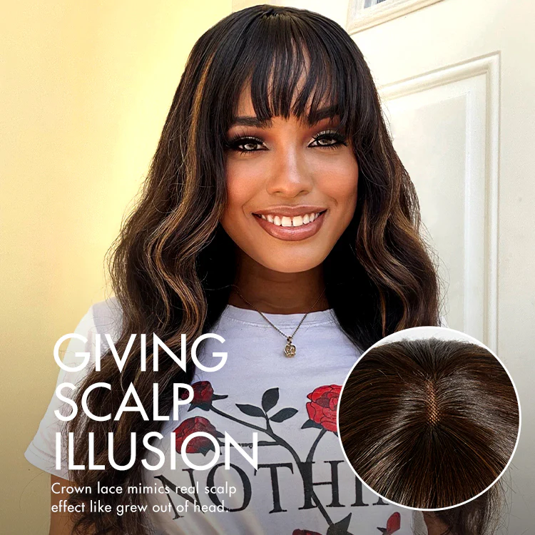 True Scalp Blonde Highlight Loose Wave Glueless Minimalist Lace Wig with Bangs - Image 5