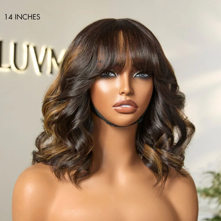 True Scalp Blonde Highlight Loose Wave Glueless Minimalist Lace Wig with Bangs - Image 7