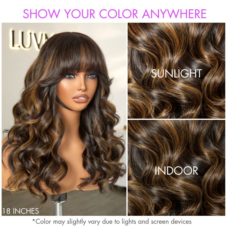 True Scalp Blonde Highlight Loose Wave Glueless Minimalist Lace Wig with Bangs - Image 8