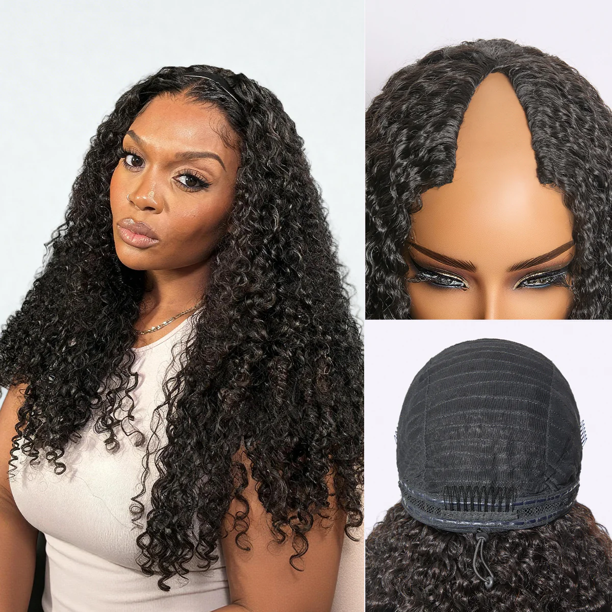 True Scalp Burmese Curly V Part Glueless Human Hair Wig Flexi-Fit Drawstring - Image 4