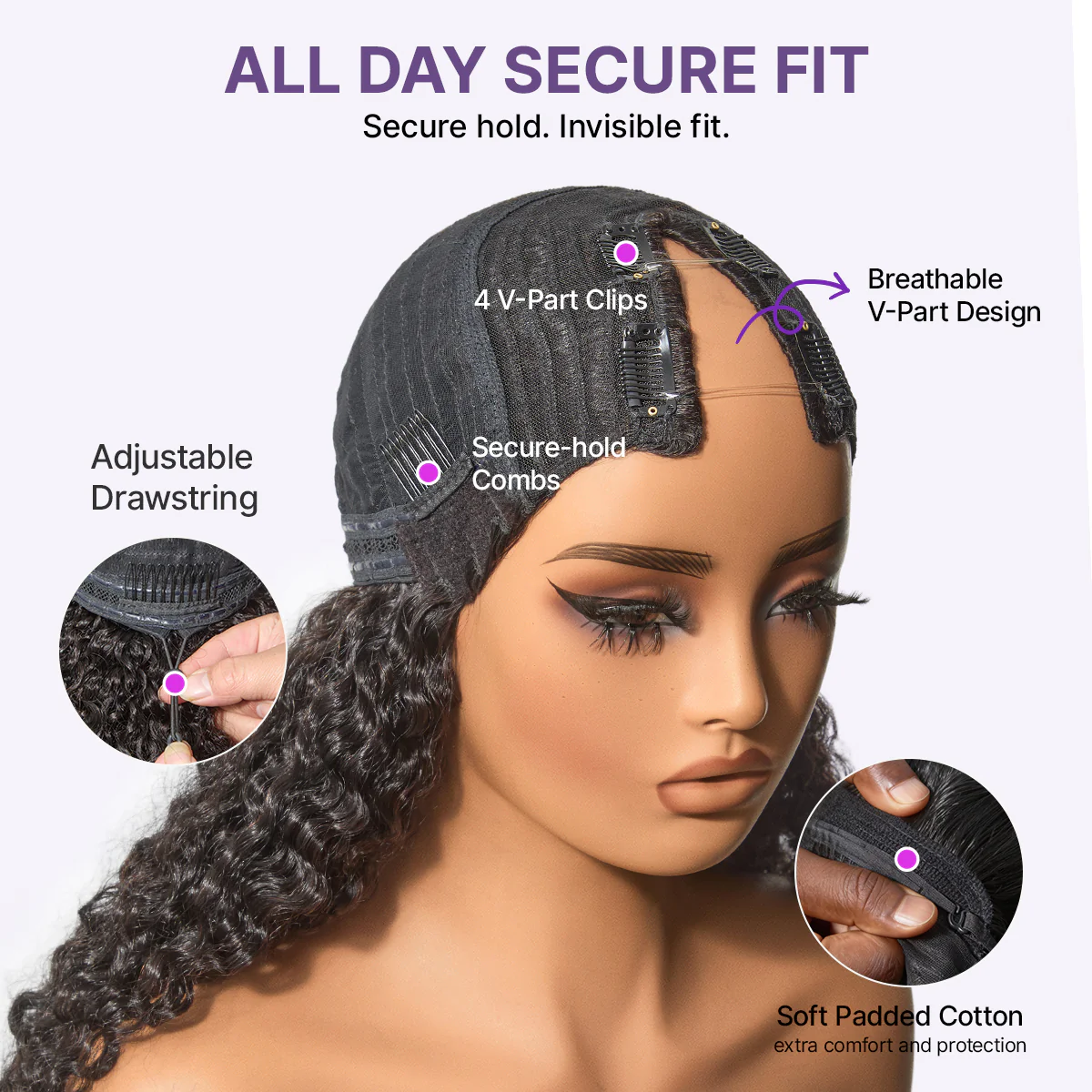 True Scalp Burmese Curly V Part Glueless Human Hair Wig Flexi-Fit Drawstring - Image 7