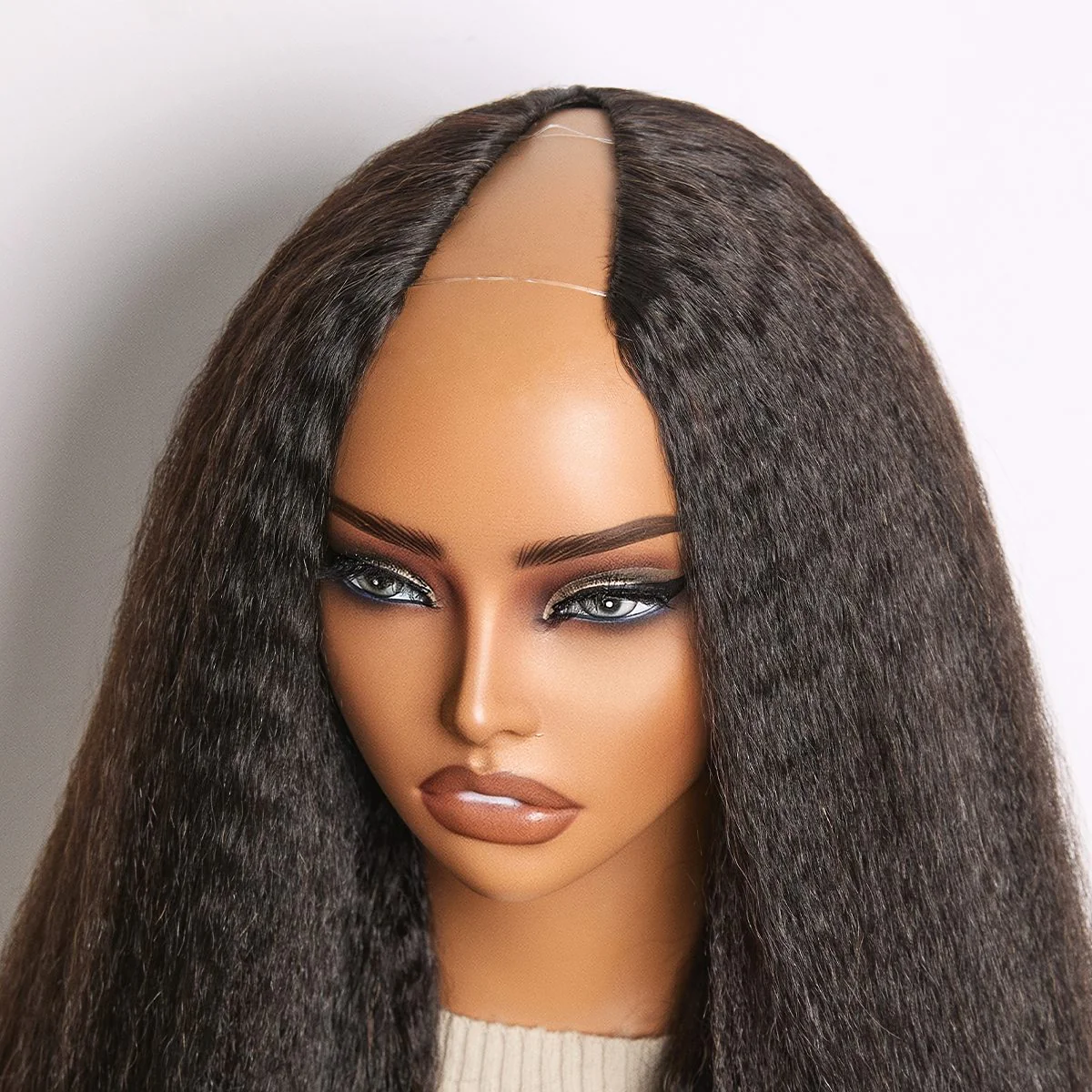 True Scalp Kinky Straight V Part Glueless Human Hair Wig Flexi-Fit Drawstring - Image 11