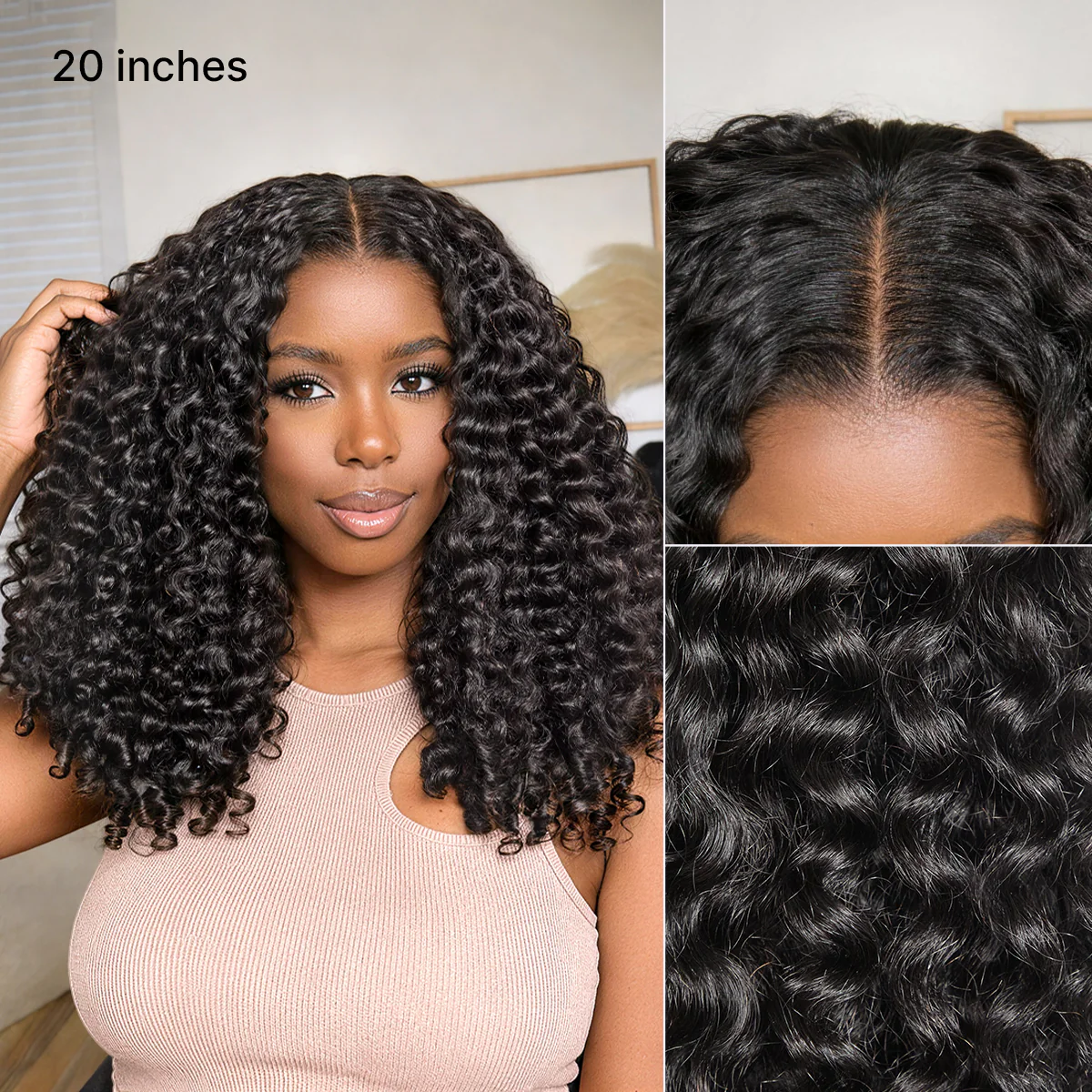 True Scalp V Part 180% Density Burmese Curly Finger Coil Ends Glueless Human Hair Wig with Flexi-Fit Drawstring - Image 6