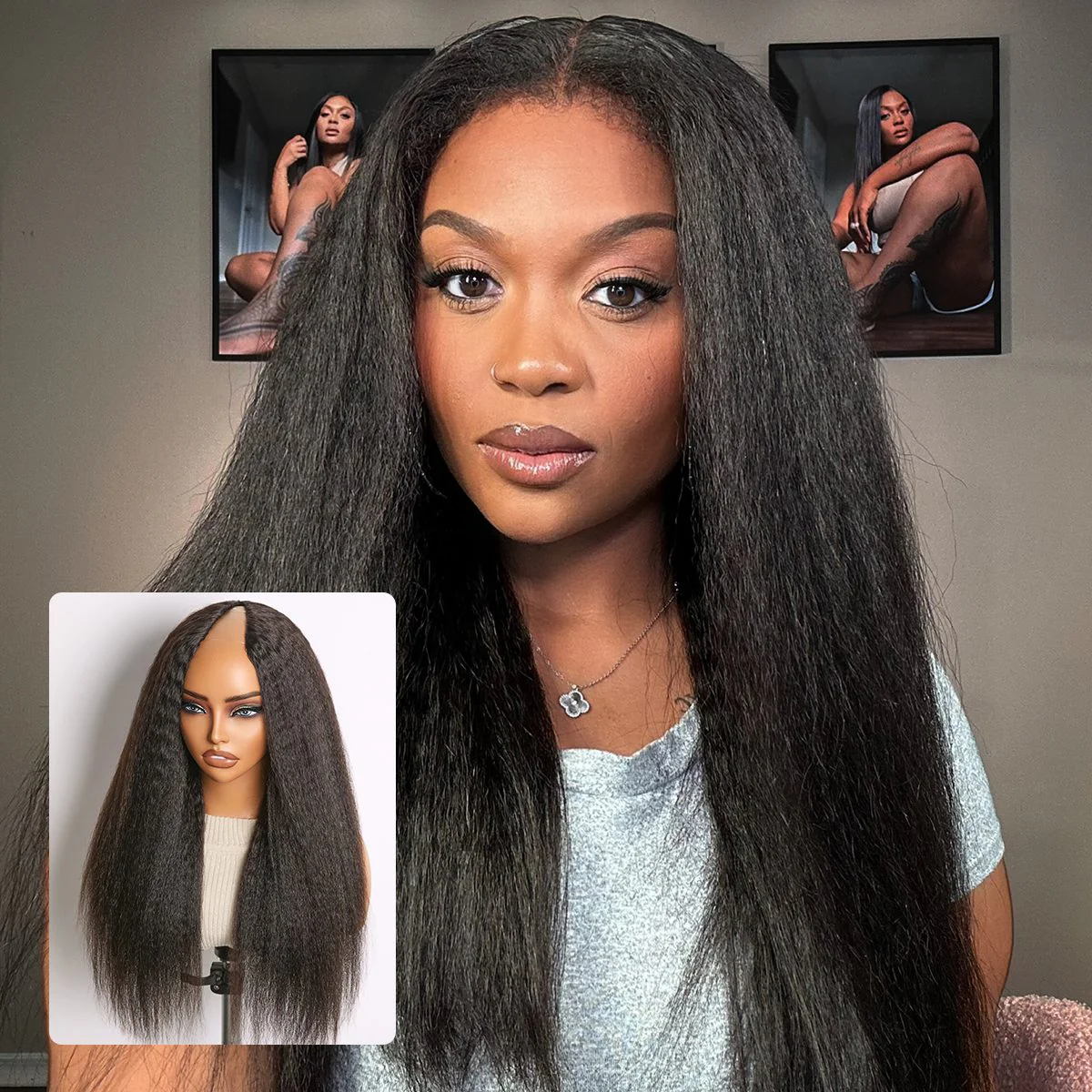 True Scalp Yaki Straight / Kinky Straight V Part Glueless Human Hair Wig Flexi-Fit Drawstring - Image 14