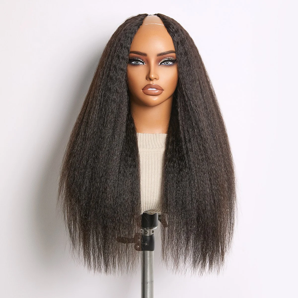 True Scalp Yaki Straight / Kinky Straight V Part Glueless Human Hair Wig Flexi-Fit Drawstring - Image 15