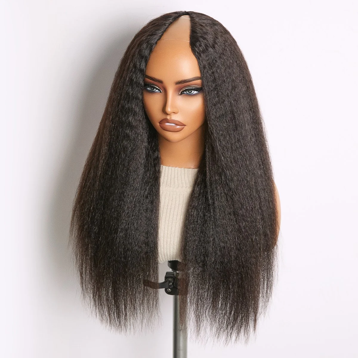 True Scalp Yaki Straight / Kinky Straight V Part Glueless Human Hair Wig Flexi-Fit Drawstring - Image 16