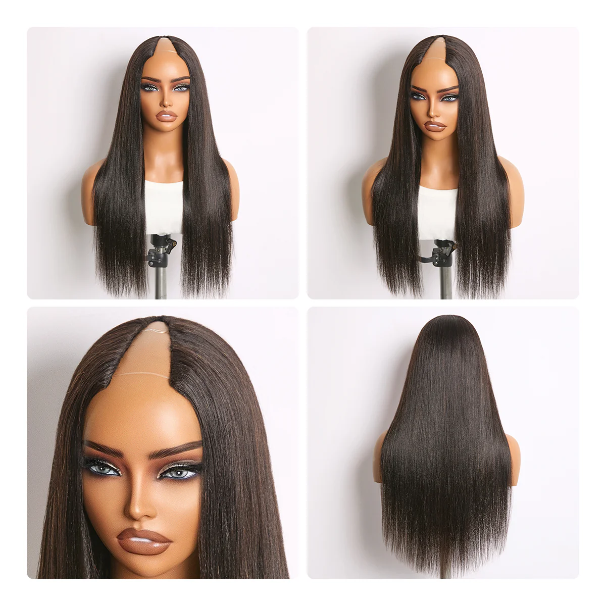 True Scalp Yaki Straight / Kinky Straight V Part Glueless Human Hair Wig Flexi-Fit Drawstring - Image 2