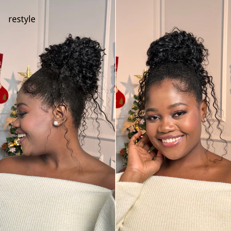 Water Wave Flexi-Fit Drawstring Ponytail Extension Human Hair Natural Black Curly Ponytail - Image 3