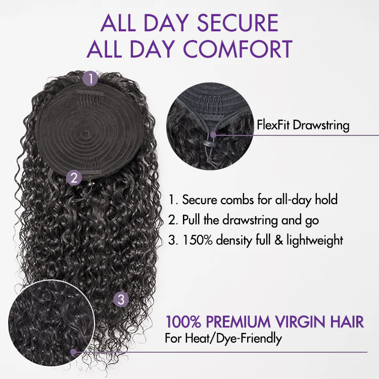 Water Wave Flexi-Fit Drawstring Ponytail Extension Human Hair Natural Black Curly Ponytail - Image 7