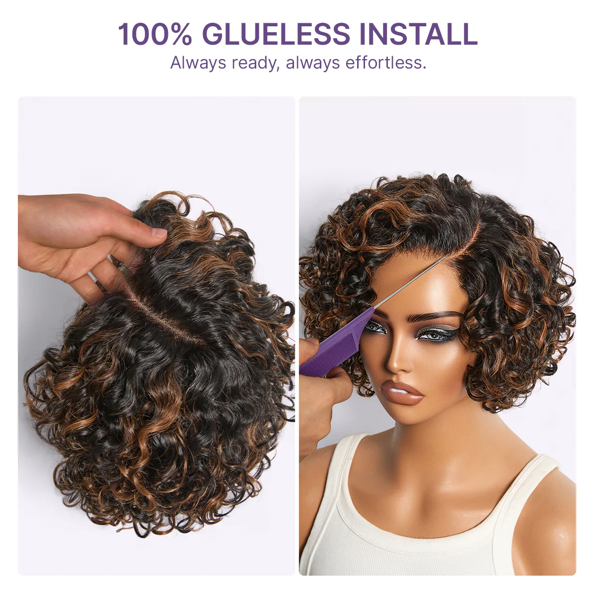 Natural Black / Brown Highlight Water Wave Pixie Cut Glueless Minimalist HD Lace Short Curly Wig - Image 5