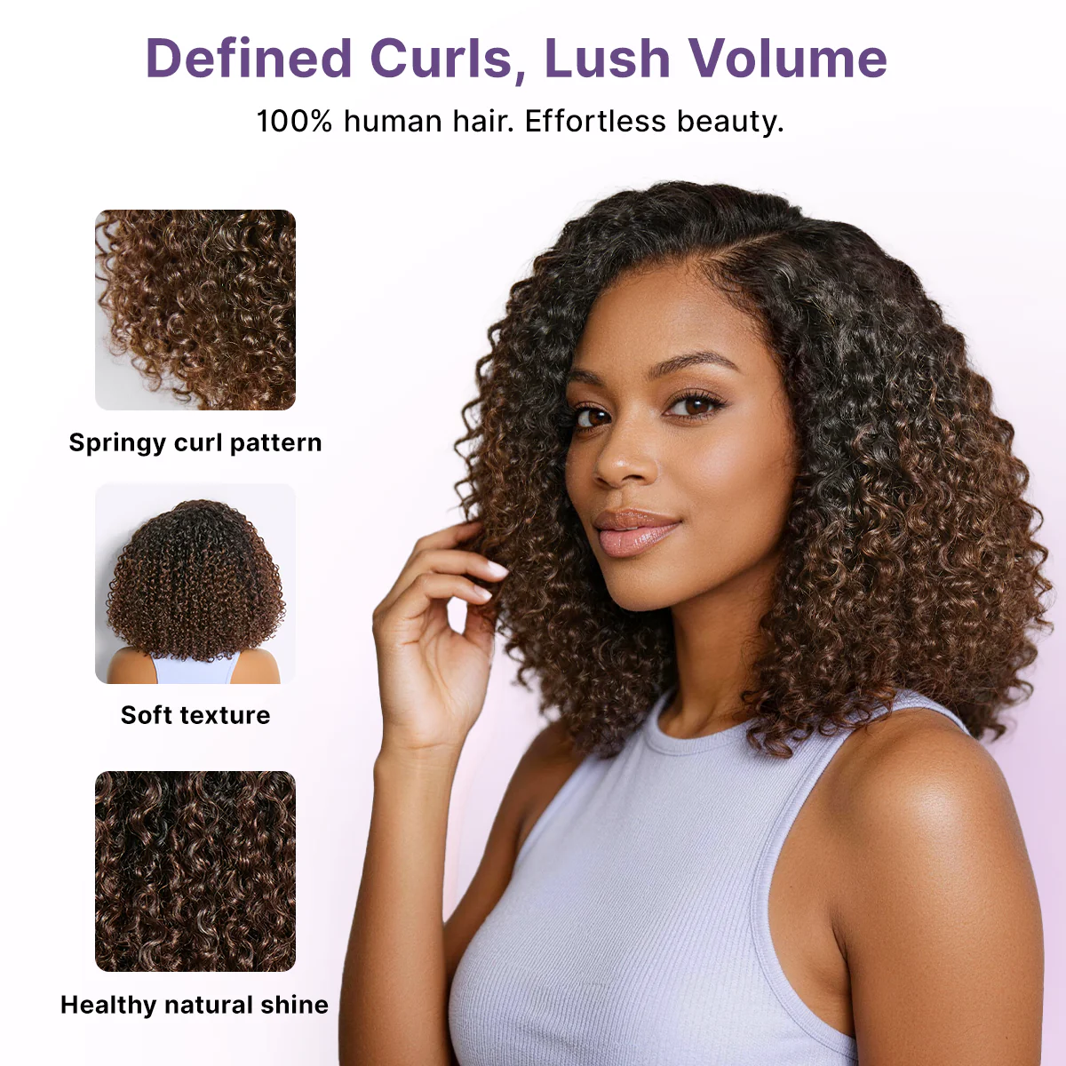 Wear & Go Ombre Brown Fluffy Curly 180% Density Glueless 5x5 Closure HD Lace Wig Pre-Cut Lace - Image 4