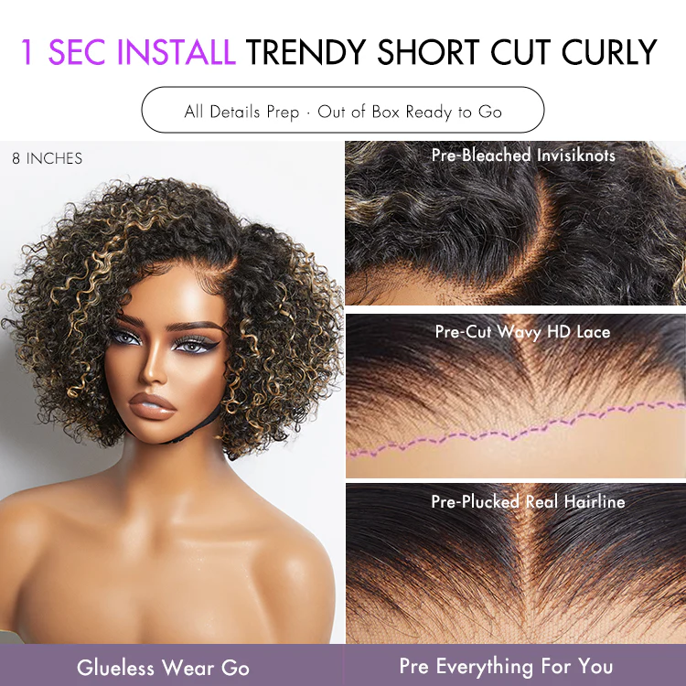 Weekly Special | Trendy Short Cut Curly Minimalist HD Lace Glueless Side Part Wig 100% Human Hair - Image 6