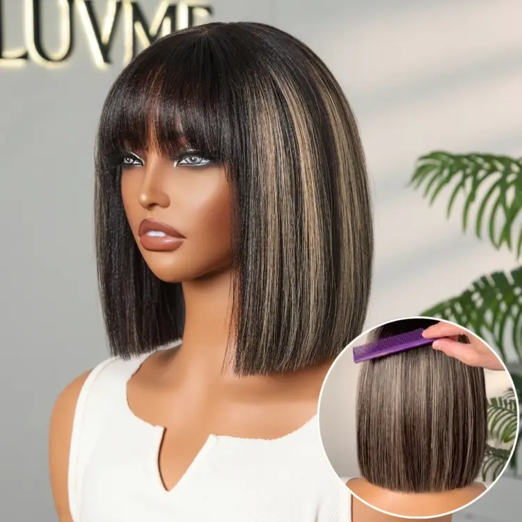 Put On and Go Realistic Glueless Yaki Straight Bob with Bangs Minimalist Lace Wig 100% Human Hair - Image 13