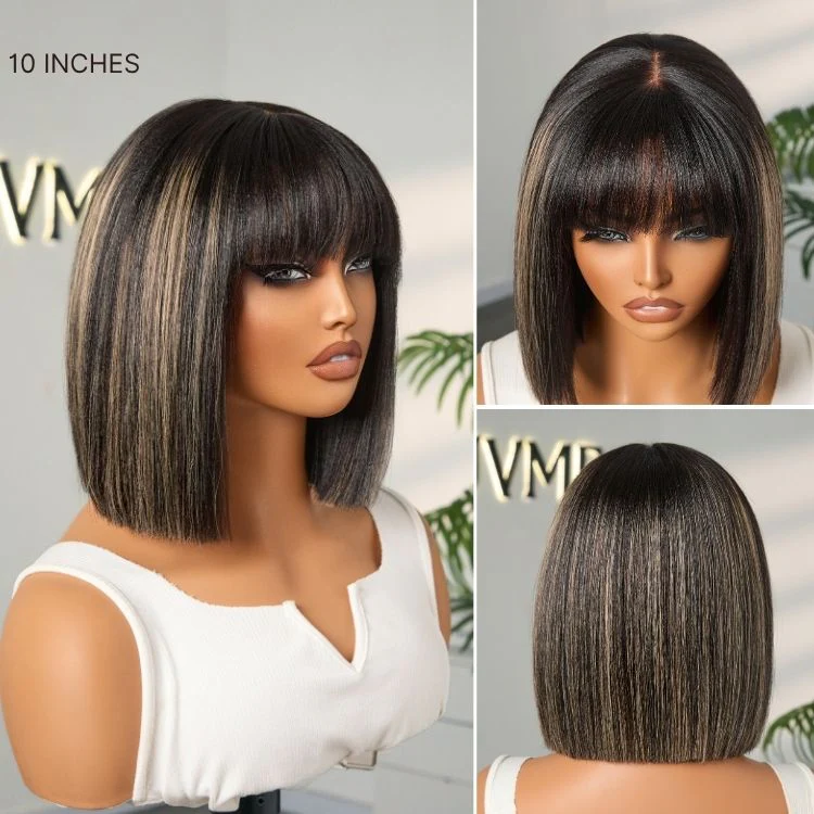 Put On and Go Realistic Glueless Yaki Straight Bob with Bangs Minimalist Lace Wig 100% Human Hair - Image 15