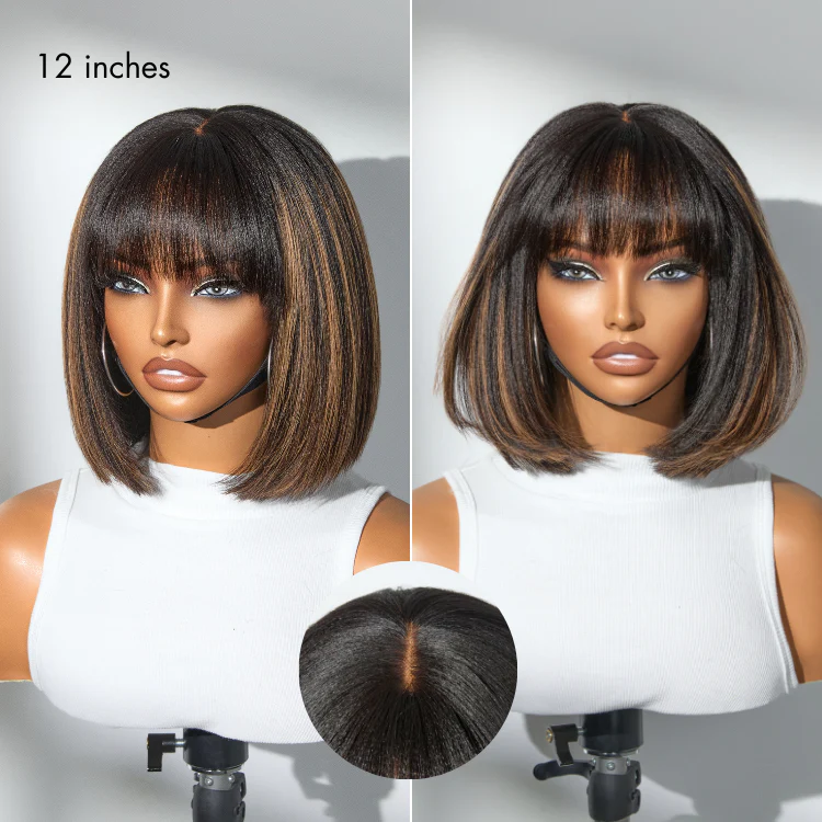 Put On and Go Realistic Glueless Yaki Straight Bob with Bangs Minimalist Lace Wig 100% Human Hair - Image 3