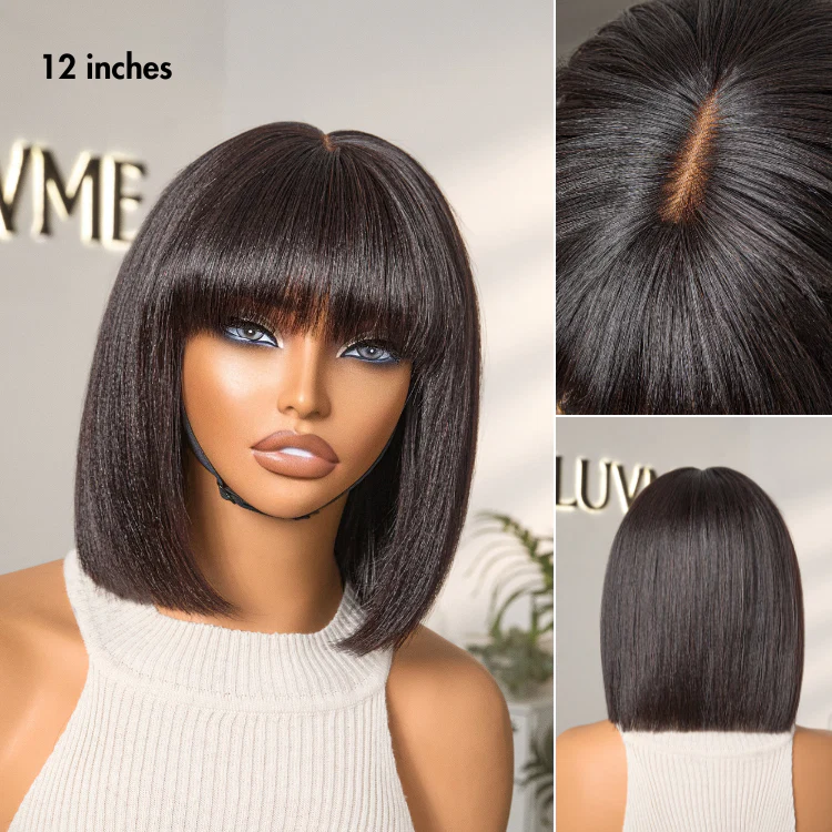 Put On and Go Realistic Glueless Yaki Straight Bob with Bangs Minimalist Lace Wig 100% Human Hair - Image 4