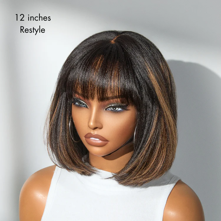 Put On and Go Realistic Glueless Yaki Straight Bob with Bangs Minimalist Lace Wig 100% Human Hair - Image 8