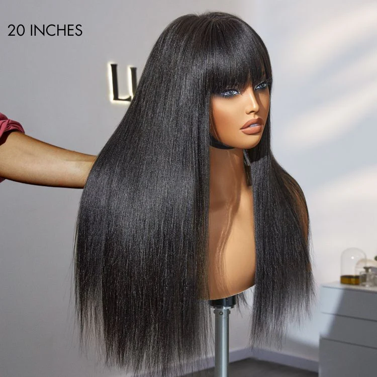 Breathable Cap Yaki Straight Ultra Natural Minimalist Lace Long Wig with Bangs - Image 10