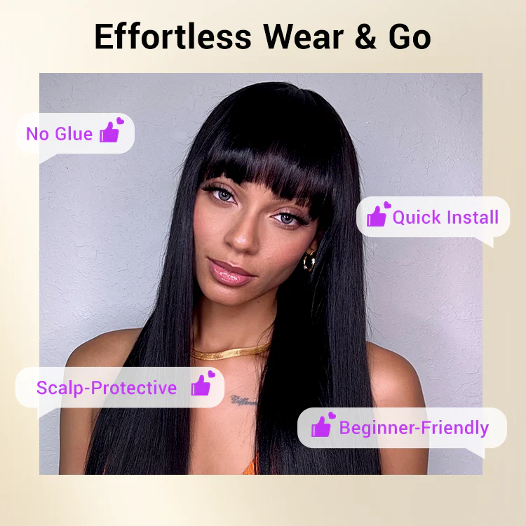 Breathable Cap Yaki Straight Ultra Natural Minimalist Lace Long Wig with Bangs - Image 4