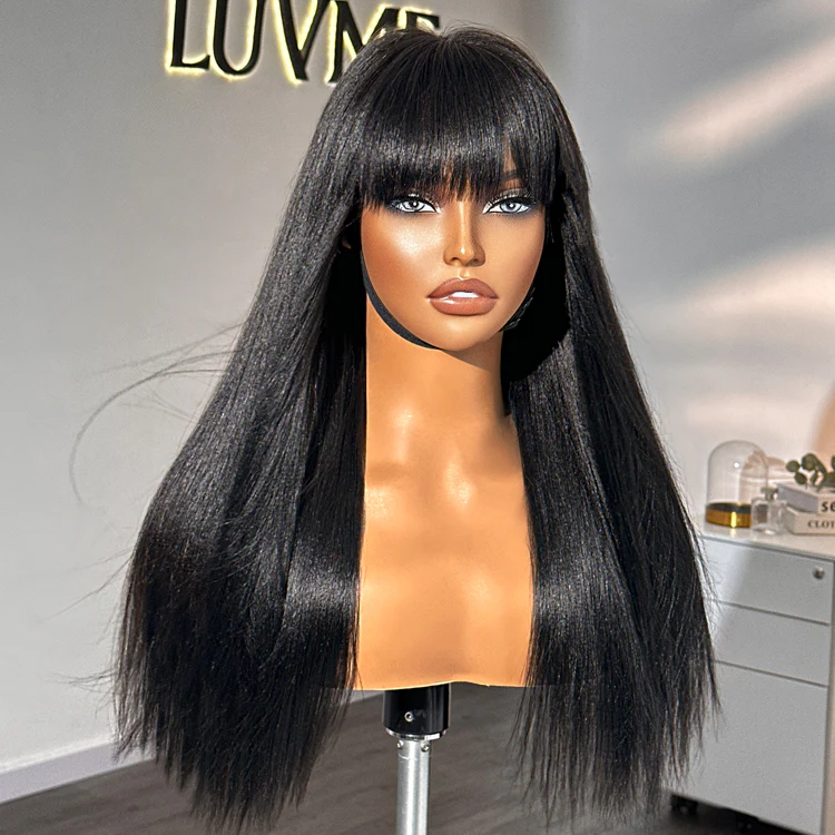 Breathable Cap Yaki Straight Ultra Natural Minimalist Lace Long Wig with Bangs - Image 7
