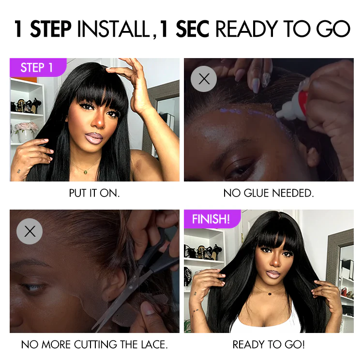 Breathable Cap Yaki Straight Ultra Natural Minimalist Lace Long Wig with Bangs - Image 9